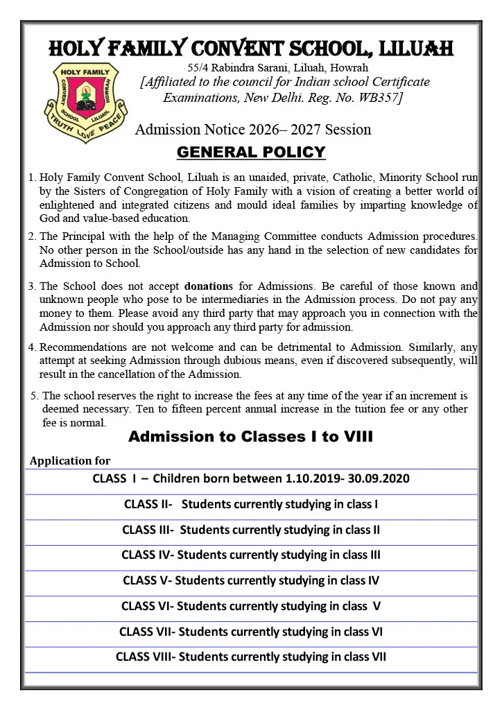 Holy Family Convent School Liluah admission notice 2026-27 for Classes I to IV