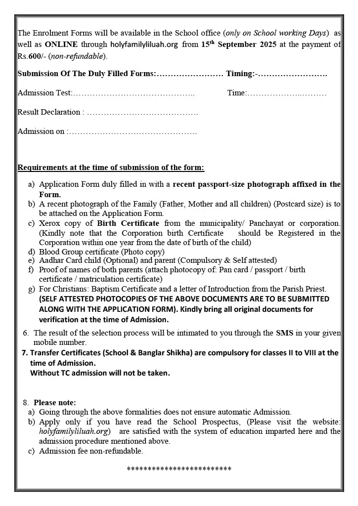 Holy Family Convent School Liluah admission notice 2026-27 for Classes V to VIII
