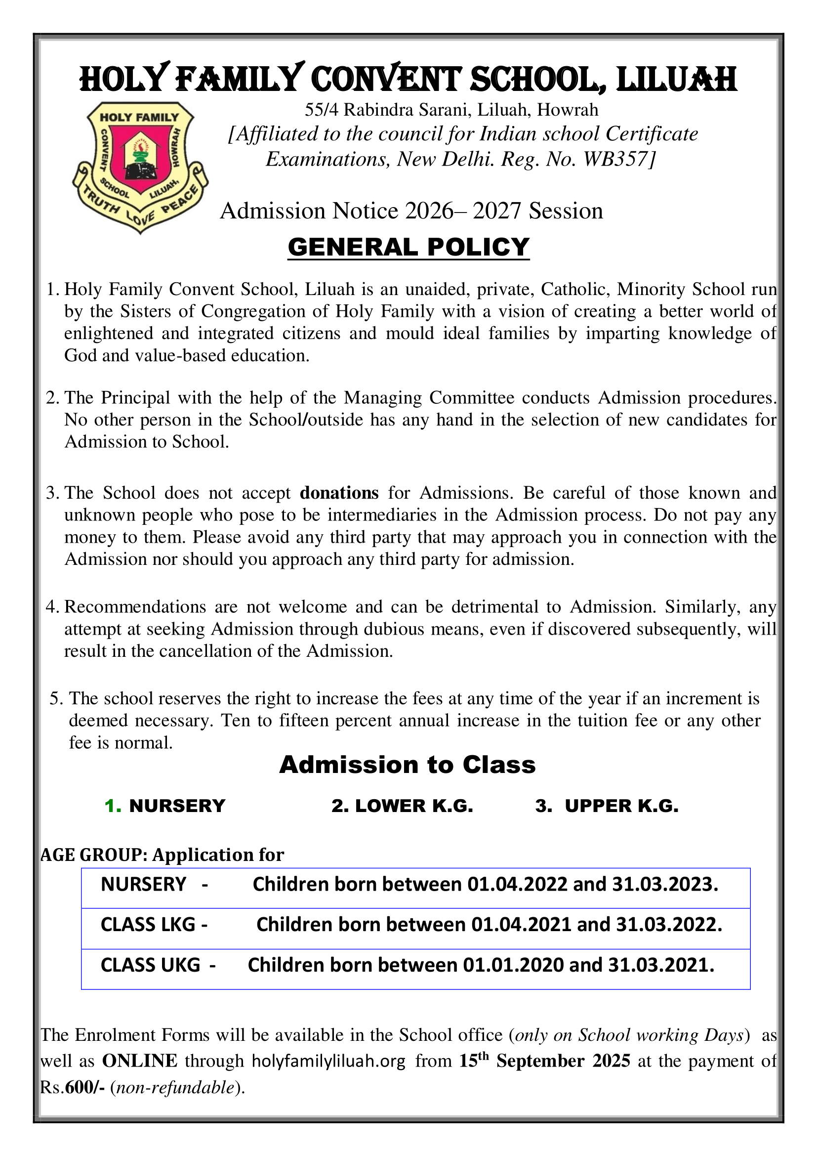 Holy Family Convent School Liluah admission prospectus 2026-27 page 1