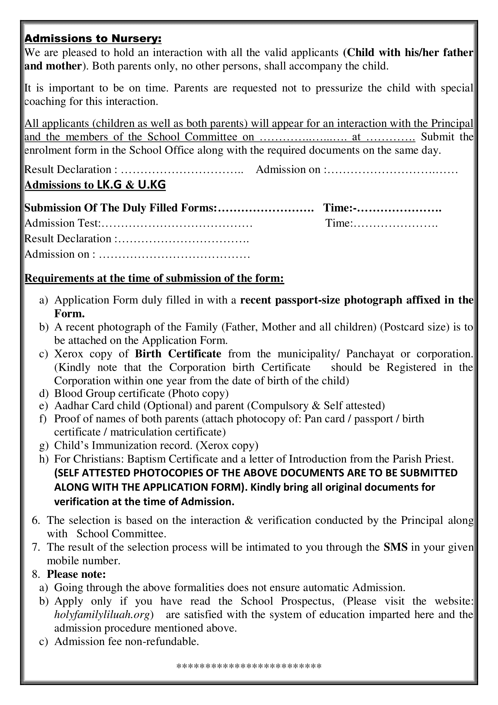 Holy Family Convent School Liluah admission prospectus 2026-27 page 2